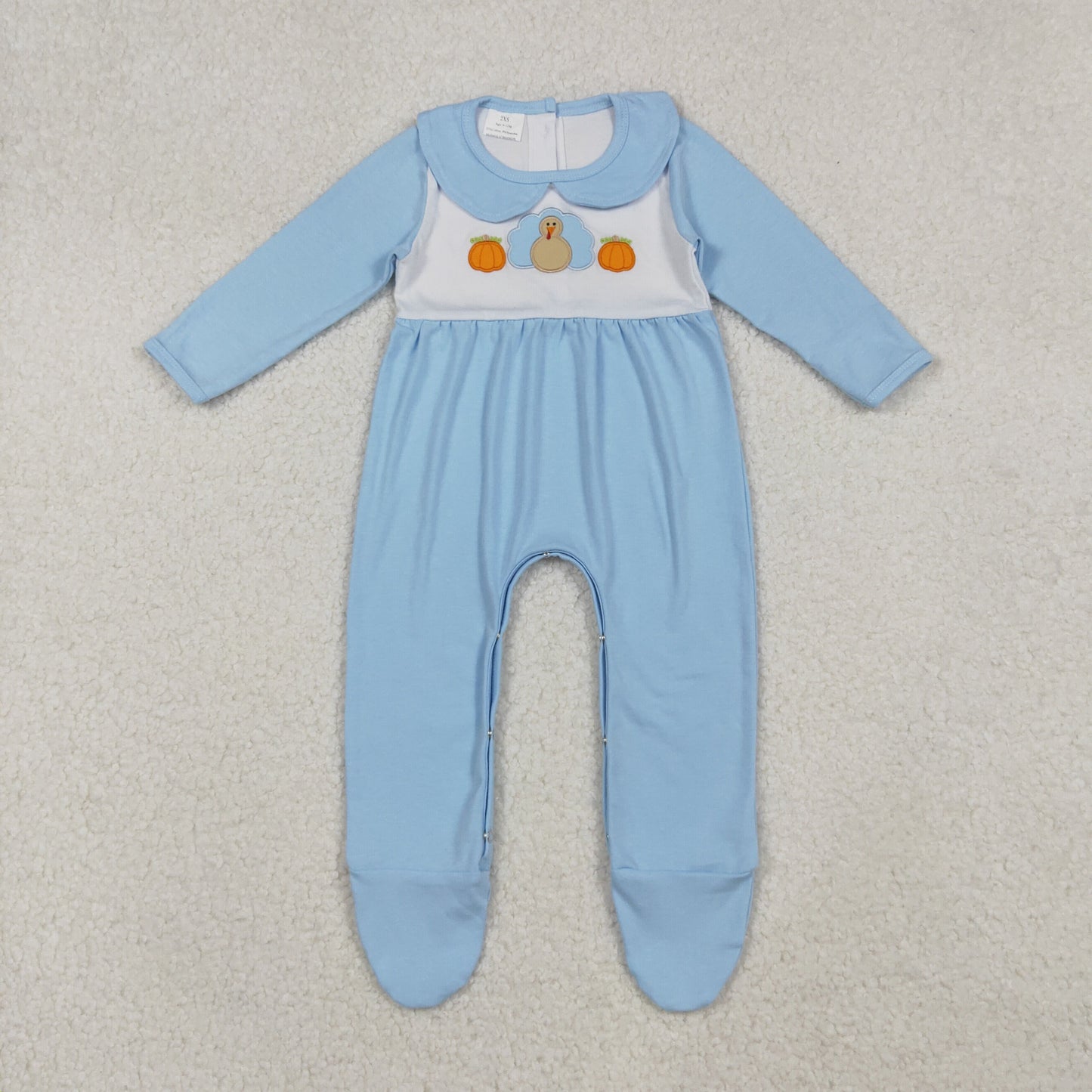 LR2562 Embroidered Turkey Pumpkin Doll Collar Blue Long Sleeve Boys Romper with Socks 202510 RTS