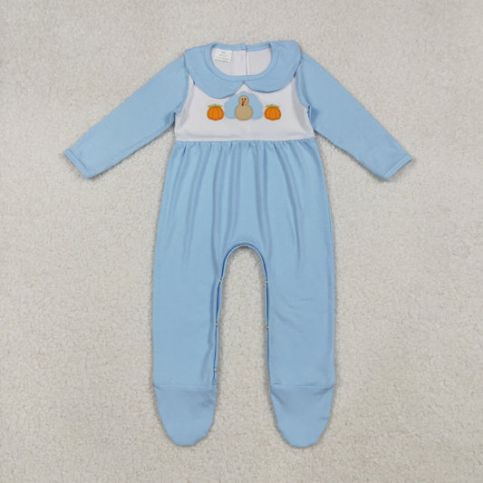 LR2562 Embroidered Turkey Pumpkin Doll Collar Blue Long Sleeve Boys Romper with Socks 202510 RTS