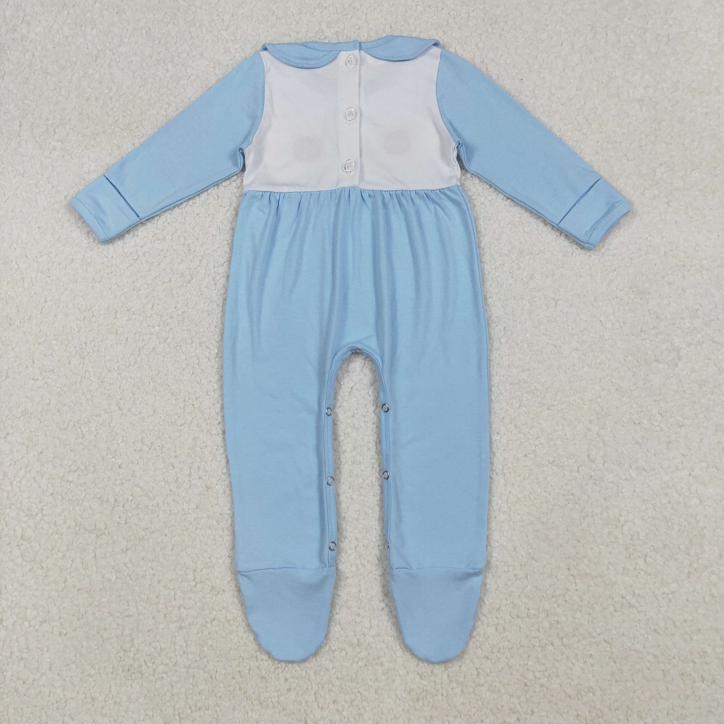 LR2562 Embroidered Turkey Pumpkin Doll Collar Blue Long Sleeve Boys Romper with Socks 202510 RTS