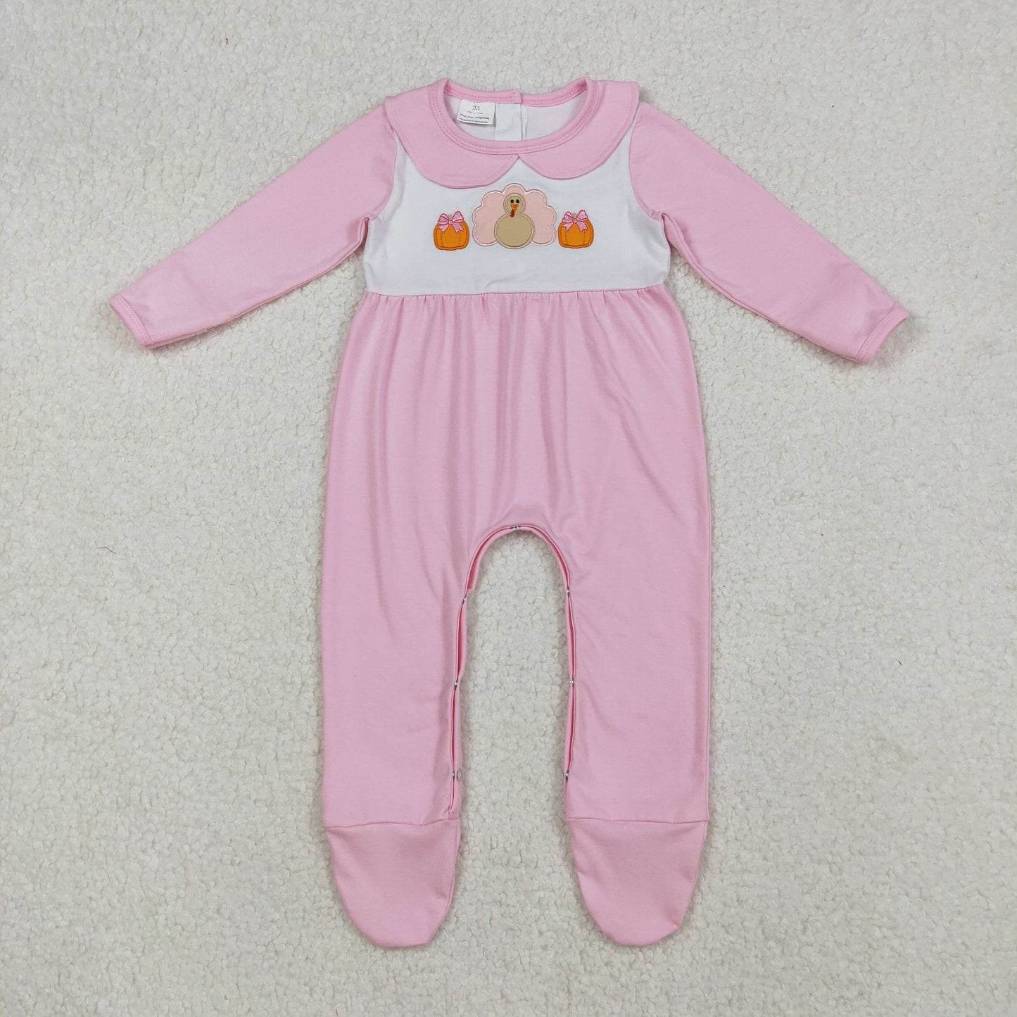 LR2563 Embroidered Turkey Pumpkin Doll Collar Pink Long Sleeve Girls Romper with Socks 202509 RTS