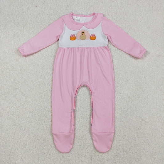 LR2563 Embroidered Turkey Pumpkin Doll Collar Pink Long Sleeve Girls Romper with Socks 202509 RTS