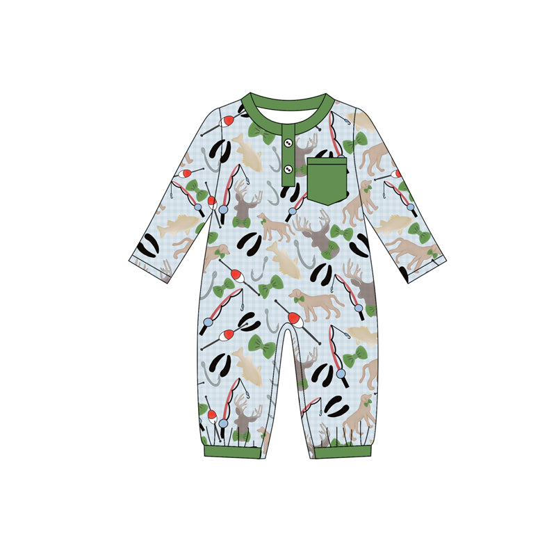 Preorder LR2564 Puppy Fish Pocket Plaid Green Long Sleeve Boys Romper 202508
