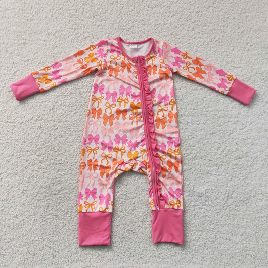 LR2567 Bows Rose Red Ruffle Zippy Long Sleeve Girls Romper 202607 RTS