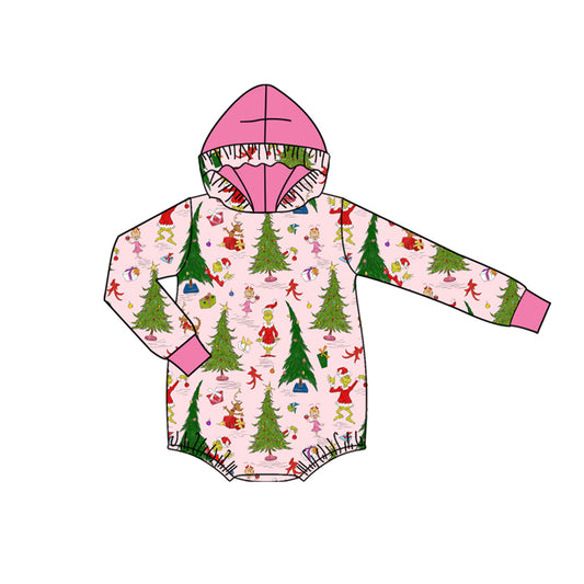 Preorder LR2569 Christmas Grinch Pink Hooded Long Sleeve Girls Bubble Romper 202508