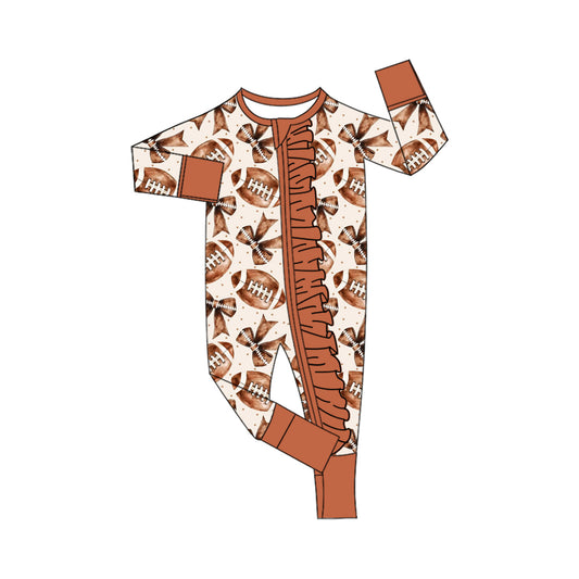 Preorder LR2572 Rugby Ruffle Brown Zippy Long Sleeve Girls Romper 202508