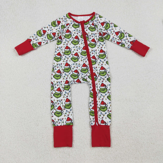 LR2574 Christmas Grinch Red White Zippy Long Sleeve Boys Romper 202509 RTS