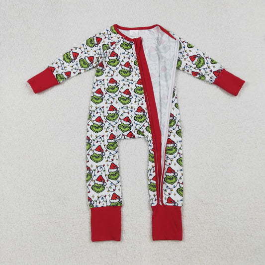 LR2574 Christmas Grinch Red White Zippy Long Sleeve Boys Romper 202509 RTS