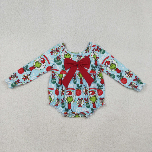LR2575 Christmas Grinch Red Big Bows Long Sleeve Girls Bubble Romper 202509 RTS