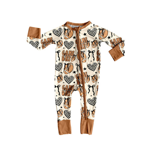 Preorder LR2577 Rugby Bows Brown Long Sleeve Girls Romper 202508