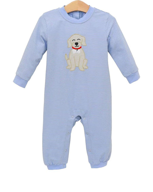 Preorder LR2579 Puppy Blue Stripe Long Sleeve Boys Romper 202508