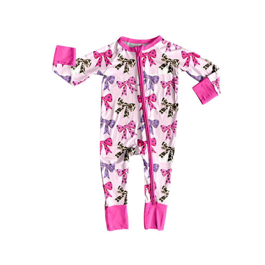 Preorder LR2585 Bows Pattern Rose Red Zippy Long Sleeve Girls Romper 202508