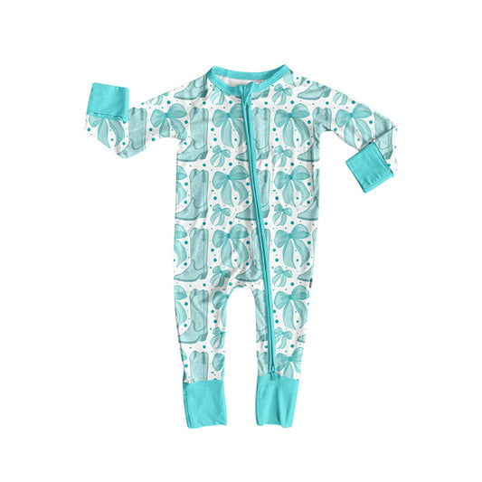 Preorder LR2587 Bows Boots Pattern Mint Blue Long Sleeve Girls Romper 202508