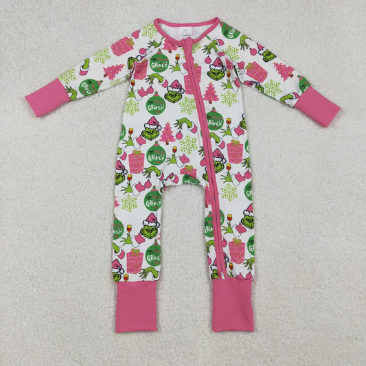 LR2588 Christmas Grinch Rose Red Zipper Long Sleeve Girls Romper 202509 RTS
