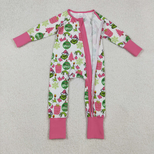 LR2588 Christmas Grinch Rose Red Zipper Long Sleeve Girls Romper 202509 RTS