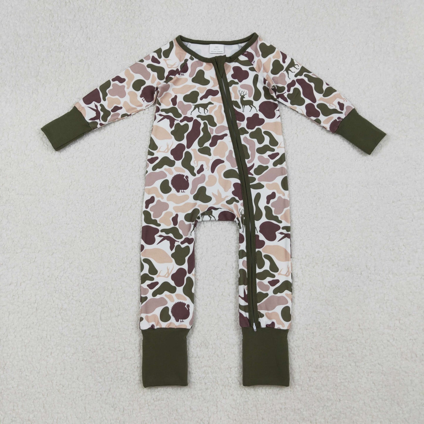 LR2590 Turkey Deer Duck Hunting Army Green Camo Zipper Long Sleeve Boys Romper 202509 RTS
