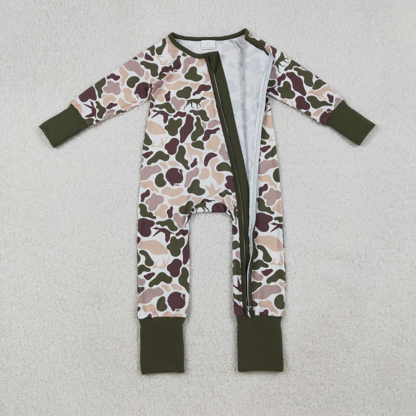 LR2590 Turkey Deer Duck Hunting Army Green Camo Zipper Long Sleeve Boys Romper 202509 RTS