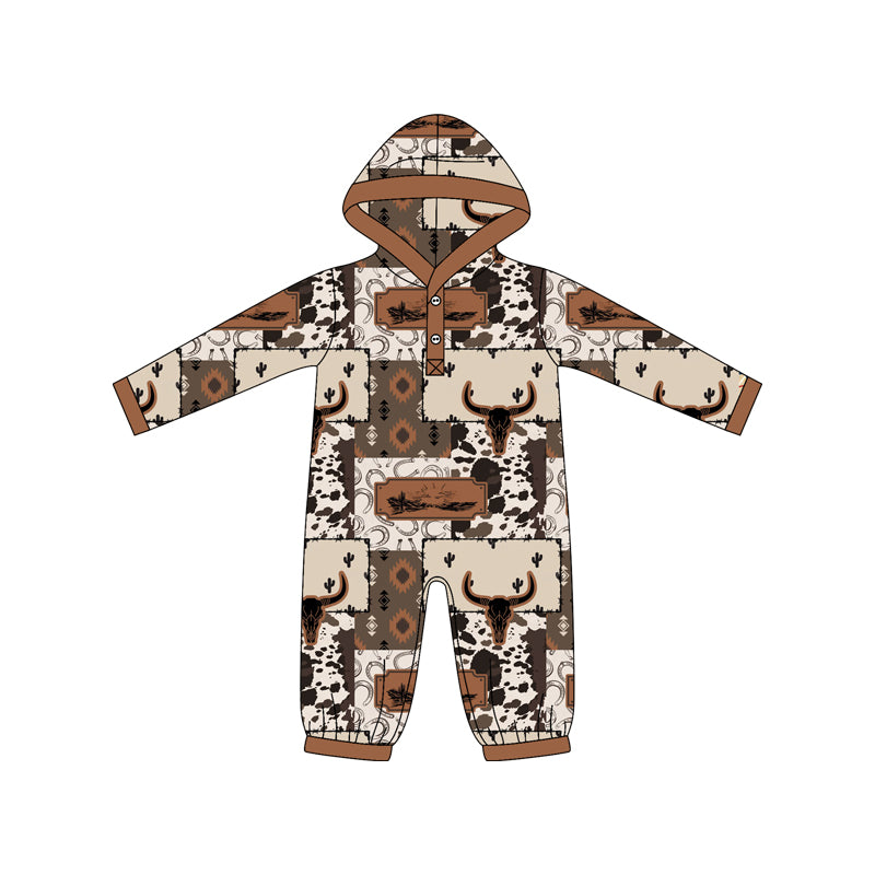 Preorder LR2592 Alpine Bull Head Leopard Print Cowboy Hooded Long Sleeve Boys Romper 202508