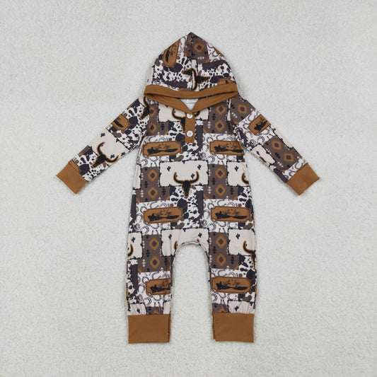 LR2592 Alpine Bull Head Leopard Print Cowboy Hooded Long Sleeve Boys Romper 202510 RTS
