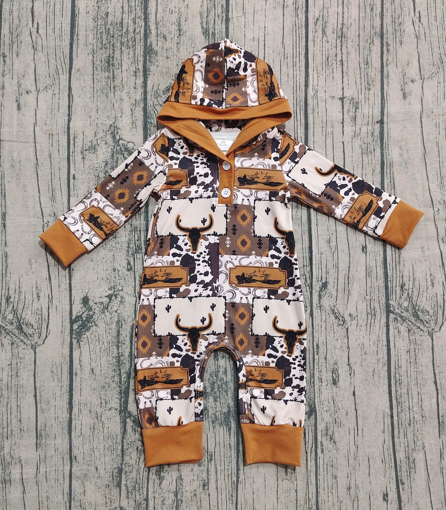 LR2592 Alpine Bull Head Leopard Print Cowboy Hooded Long Sleeve Boys Romper 202510 RTS