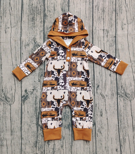 LR2592 Alpine Bull Head Leopard Print Cowboy Hooded Long Sleeve Boys Romper 202510 RTS