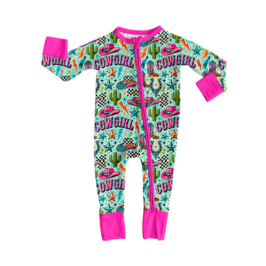 Preorder LR2596 Cactus Hat Cowgirl Rose Red Zipper Long Sleeve Girls Romper 202508