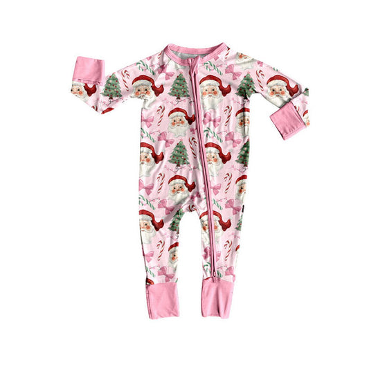 Preorder LR2597 Christmas Tree Bows Pink Zipper Long Sleeve Girls Romper 202508