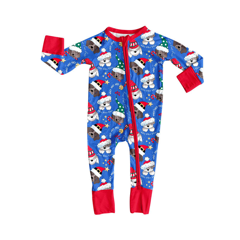 Preorder LR2600 Christmas Hat Puppy Red Zipper Long Sleeve Boys Romper 202508