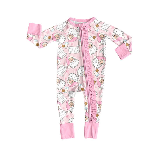 Preorder LR2602 Christmas Pink Ruffle Zipper Long Sleeve Girls Romper 202508