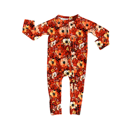 Preorder LR2603 Flower Leaf Orange Red Zipper Long Sleeve Girls Romper 202508