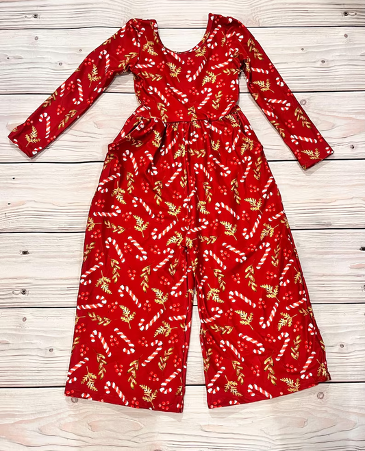 Preorder LR2609 Girls Boutique Christmas Candy Cane Leaf Red Long Sleeve Overalls Jumpsuits 202508