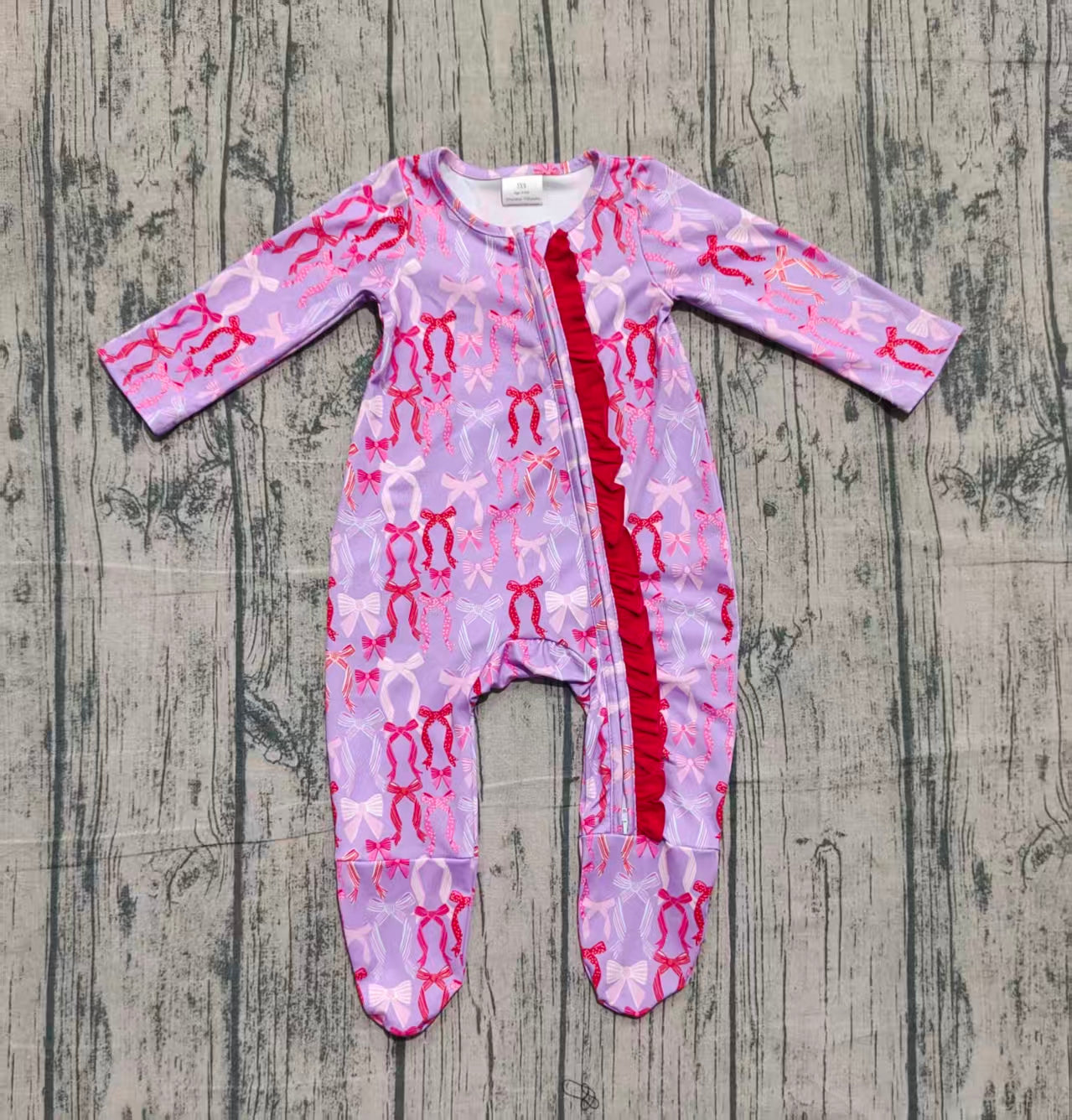 NO MOQ Preorder LR2610 Bows Pattern Rose Red Zipper Purple Long Sleeve Girls Romper with Socks 202510