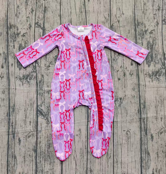 NO MOQ Preorder LR2610 Bows Pattern Rose Red Zipper Purple Long Sleeve Girls Romper with Socks 202510