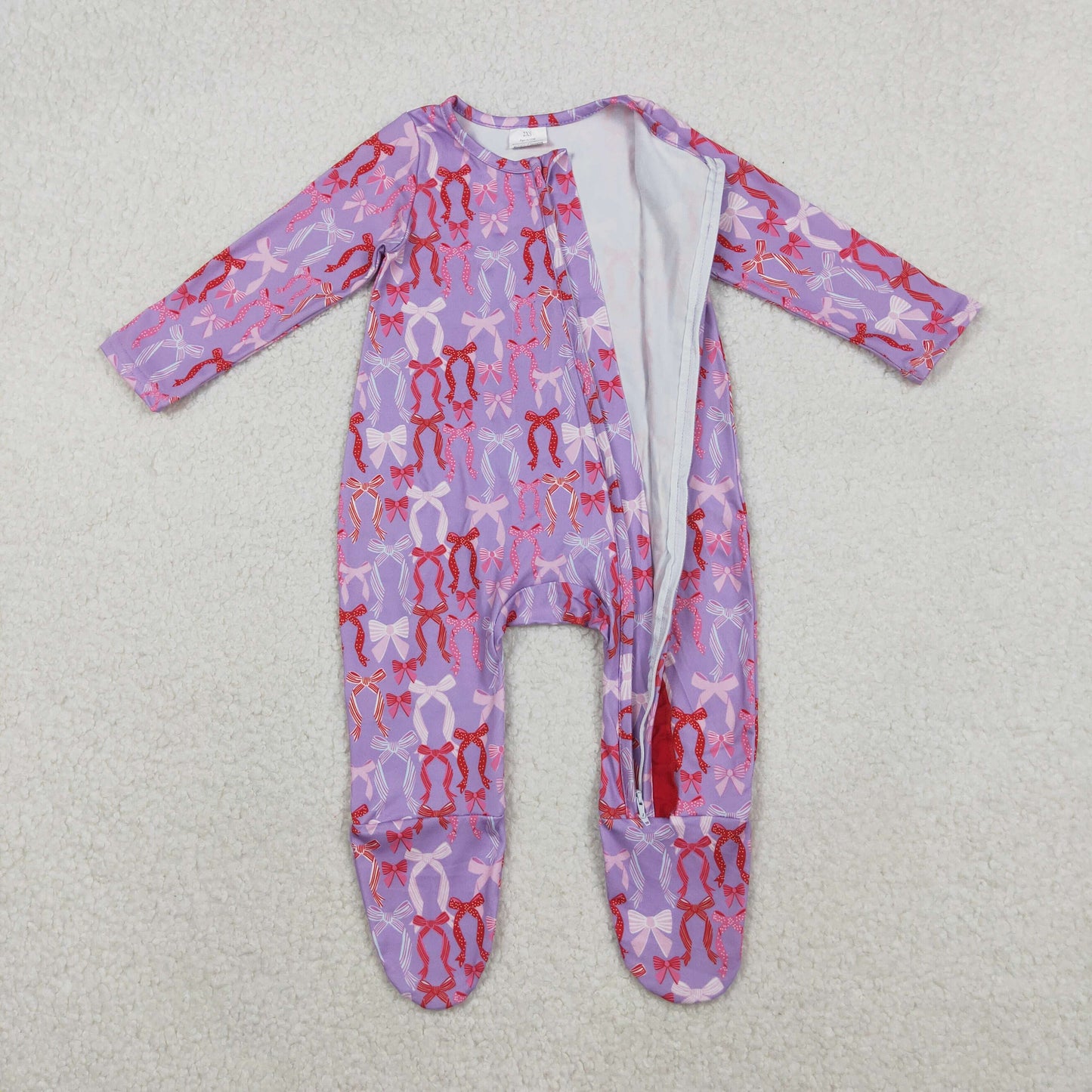 LR2610 Bows Pattern Rose Red Zipper Purple Long Sleeve Girls Romper with Socks 202511 RTS