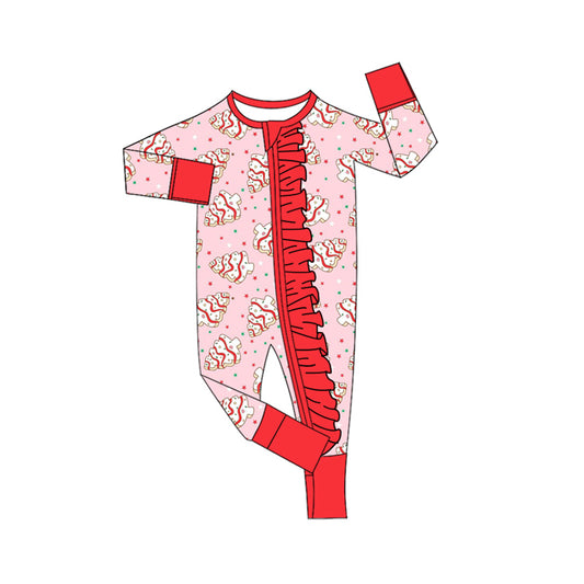 Preorder LR2615 Christmas Tree Cookie Red Ruffle Zipper Long Sleeve Girls Romper 202508