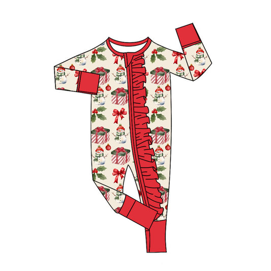 Preorder LR2617 Christmas Gifts Red Ruffle Zipper Long Sleeve Girls Romper 202508