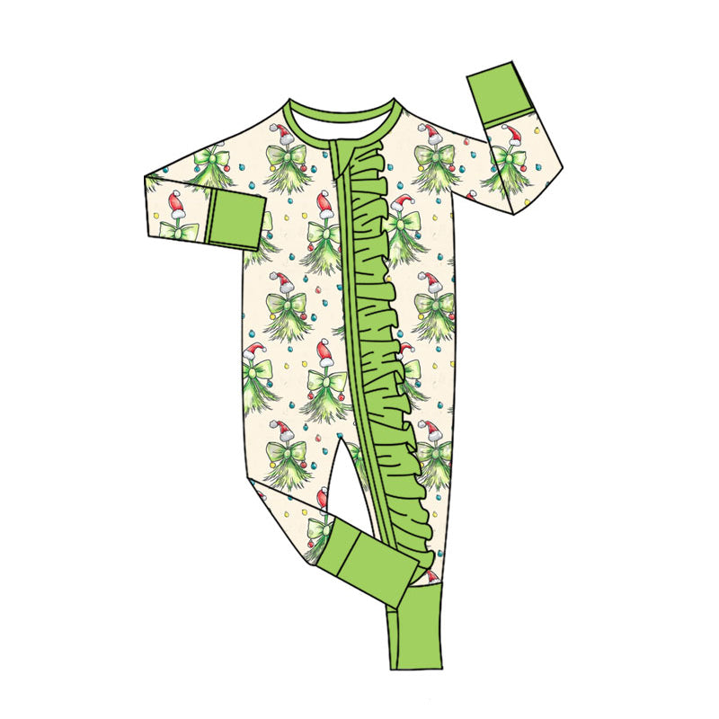 MOQ 5 Preorder LR2621 Christmas Bows Tree Green Ruffle Zipper Long Sleeve Girls Romper 202508