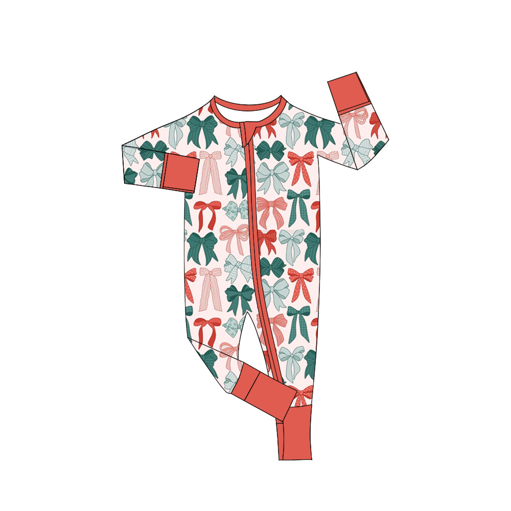 MOQ 8 Preorder LR2623 Red Green Bows Zipper Long Sleeve Girls Romper 202509