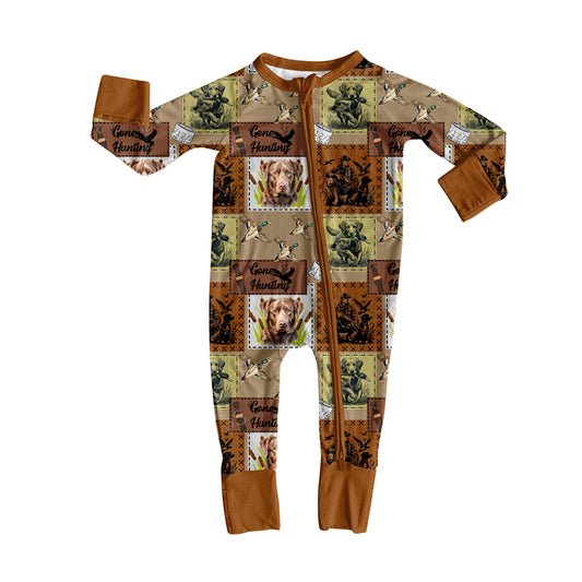 MOQ 8 Preorder LR2628 Cowboy Duck Puppy Hunting Brown Zipper Long Sleeve Boys Romper 202509