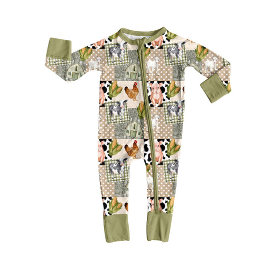 MOQ 8 Preorder LR2629 Chicken Pig Gray Green Zipper Long Sleeve Boys Romper 202509