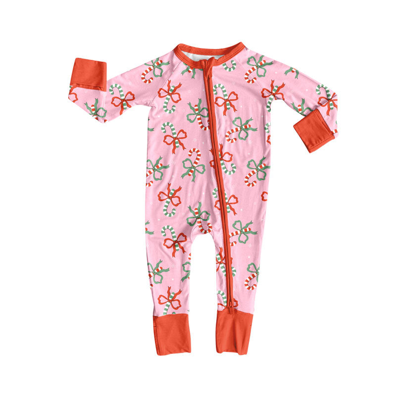 MOQ 8 Preorder LR2634 Christmas Cane Bows Zipper Long Sleeve Girls Romper 202509