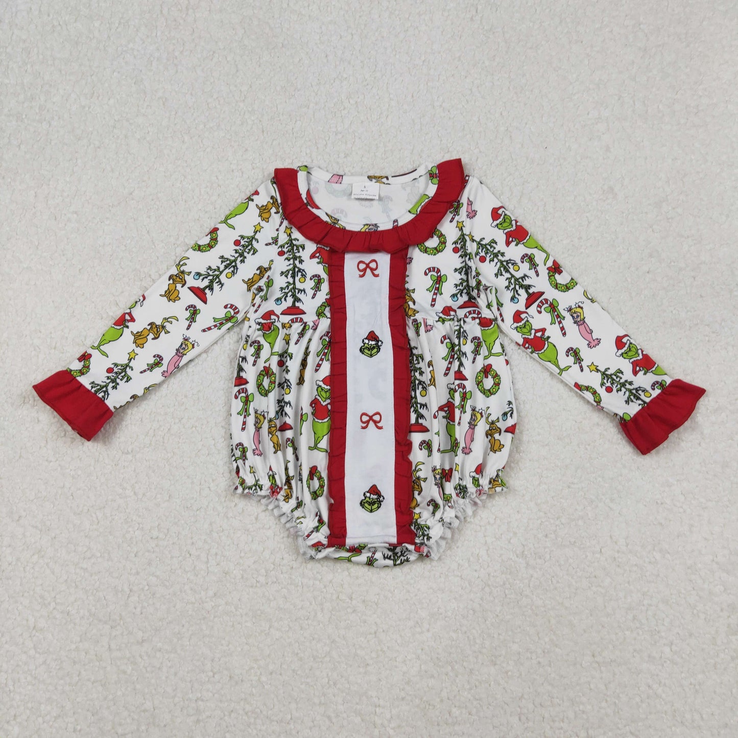 LR2635 Embroidered Christmas Grinch Bows Red Ruffle Zipper Long Sleeve Girls Romper 202510 RTS