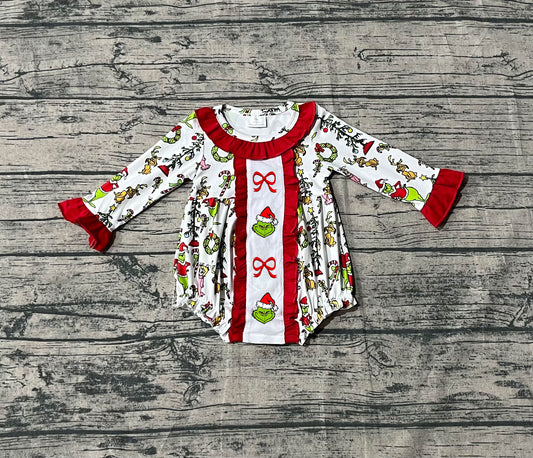 LR2635 Embroidered Christmas Grinch Bows Red Ruffle Zipper Long Sleeve Girls Romper 202510 RTS
