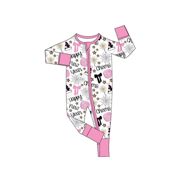 MOQ 8 Preorder LR2636 Happy New Year Pink Zipper Long Sleeve Girls Romper 202509