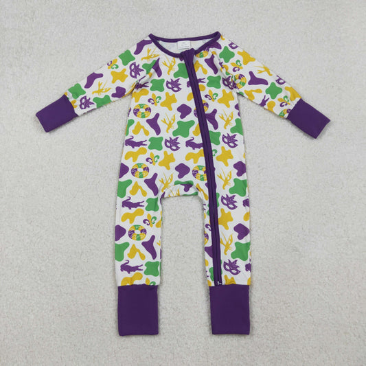 LR2637 Mardi Gras Purple Zipper Long Sleeve Boys Romper 202510 RTS