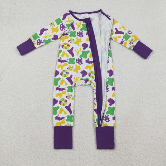 LR2637 Mardi Gras Purple Zipper Long Sleeve Boys Romper 202510 RTS