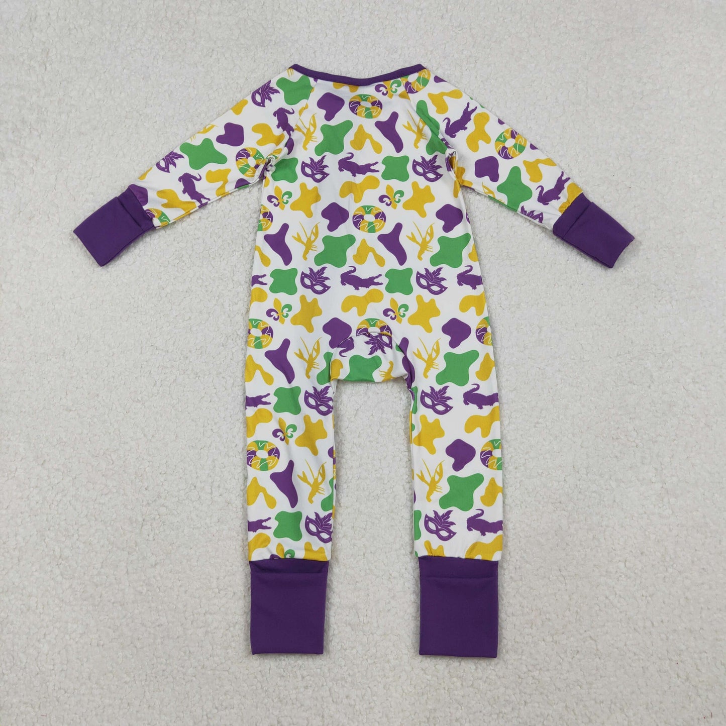 LR2637 Mardi Gras Purple Zipper Long Sleeve Boys Romper 202510 RTS