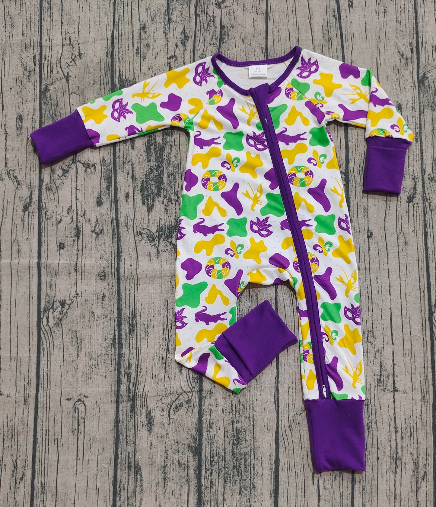 LR2637 Mardi Gras Purple Zipper Long Sleeve Boys Romper 202510 RTS