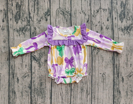 LR2642 Mardi Gras Bows Purple Ruffle Long Sleeve Girls Bubble Romper 202510 Sibling RTS