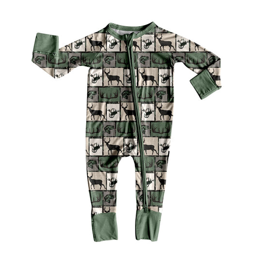 MOQ 8 Preorder LR2645 Deer Hunting Dark Green Zipper Long Sleeve Boys Romper 202509 Sibling