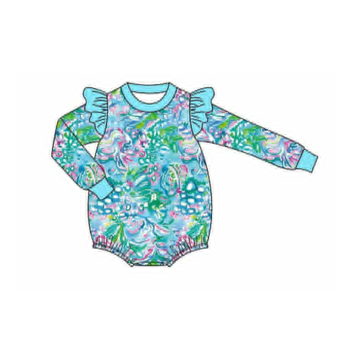MOQ 8 Preorder LR2647 Flower Ruffle Blue Green Long Sleeve Girls Bubble Romper 202509